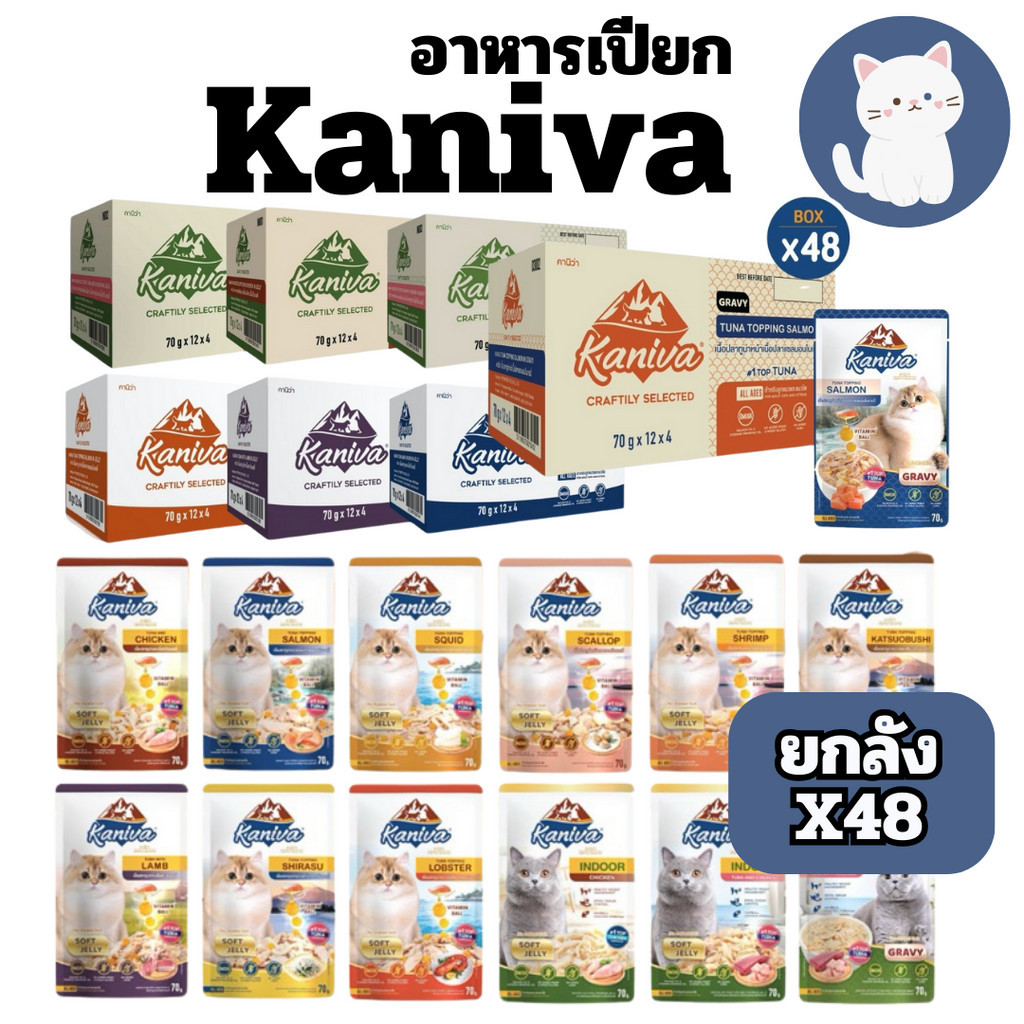 [ยกลัง] Kaniva Pouch อาหารแมว แบบเปียก คานิว่า ผสม Vitamin Balls ขนาด 70 กรัม (x48 ซอง)