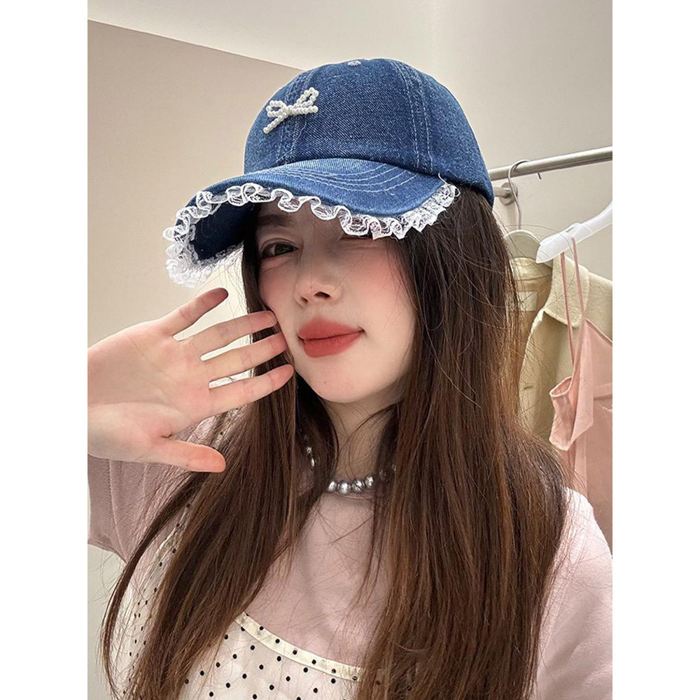 หมวกเบสบอล ผ้ายีน แต่งลูกไม้ ขนาดเล็ก เข้ากับทุกการแต่งกาย แฟชั่นฤดูใบไม้ผลิ และฤดูร้อน สไตล์เกาหลีใต้ สําหรับผู้หญิง