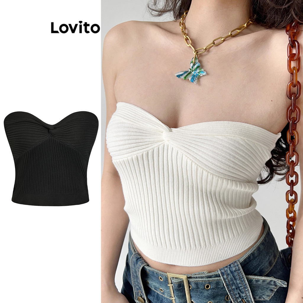 Lovito เสื้อเกาะอกผู้หญิง ผ้าถัก แต่งปม สีพื้น สไตล์ลำลอง L80ED179