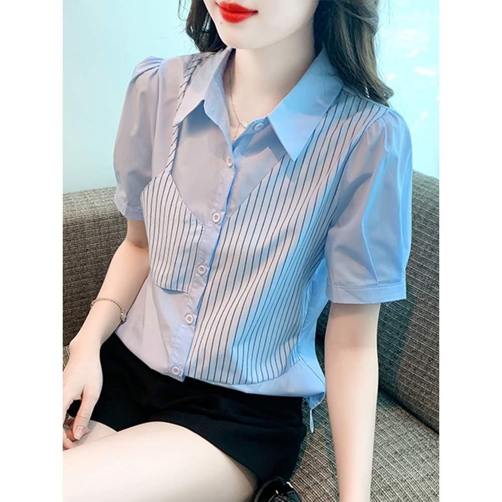 เสื้อเชิ้ตแขนสั้น ลายทาง อเนกประสงค์ แฟชั่นฤดูร้อน สําหรับผู้หญิง