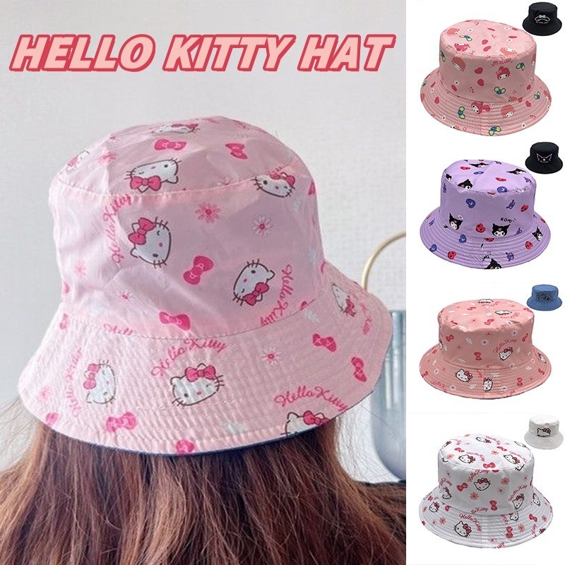 Kuromi หมวกชาวประมง สองด้าน สําหรับเด็ก และเด็กผู้หญิง แฟชั่น การ์ตูน Hello Kitty หมวกอ่างล้างหน้า Melody หมวกกันแดด