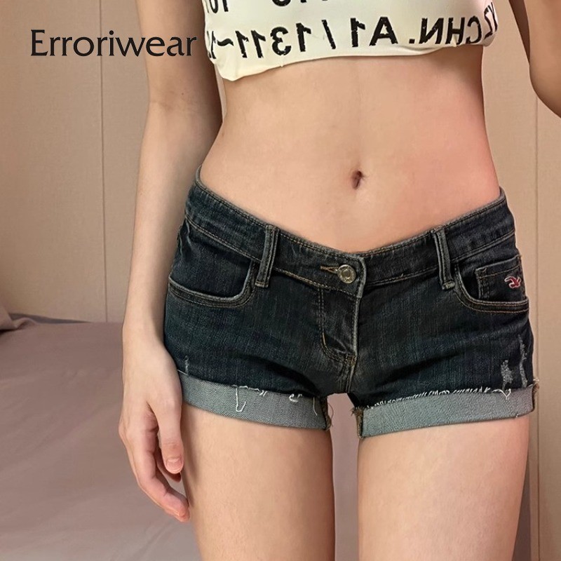 Erroriwear กางเกงยีนขาสั้น เอวต่ํา รัดรูป สไตล์เรโทร สําหรับผู้หญิง 2024