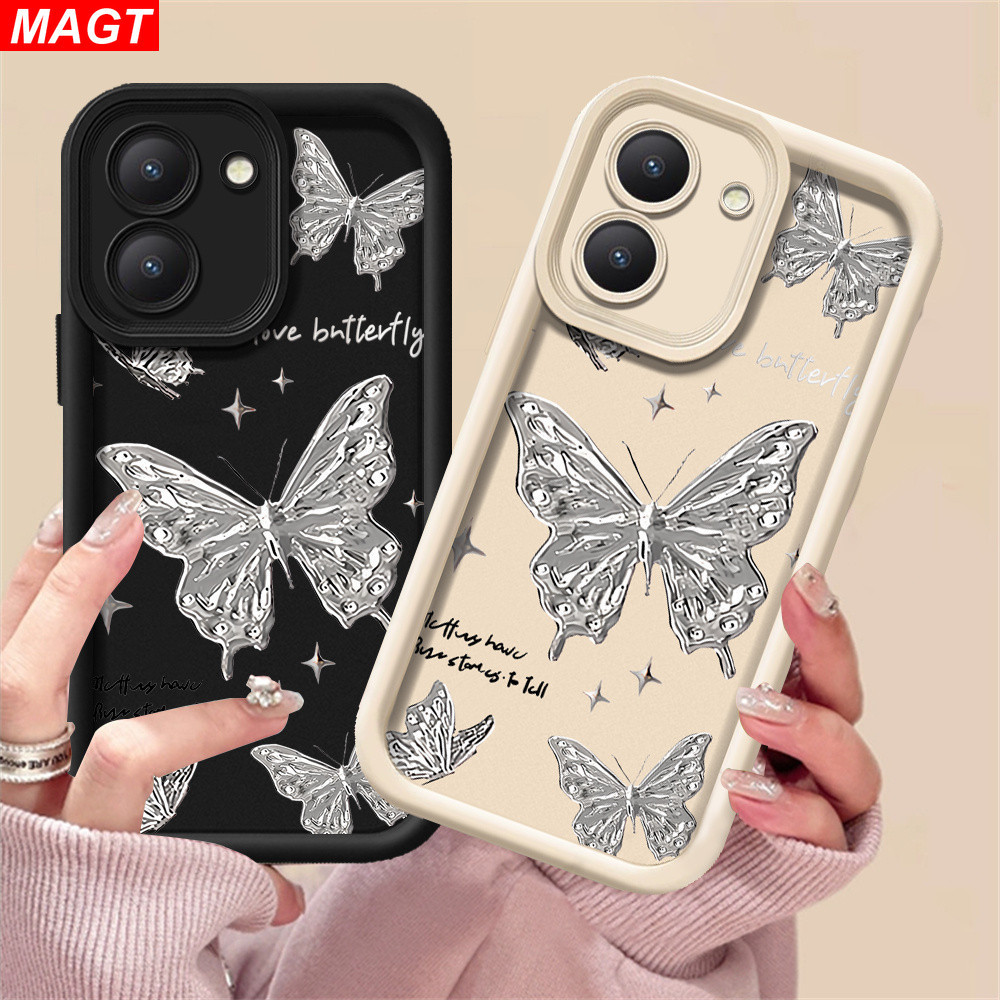 เคสโทรศัพท์มือถือแบบนิ่ม TPU ลายผีเสื้อ สีเงิน สําหรับ VIVO Y03 Y17S Y27 Y36 Y27S Y22S Y21 Y17 Y16 Y15S Y51 Y30 Y02S Y20 Y33S Y33T Y15 Y12 Y11 Y91C Y93 Y1S Y53S Y12S Y12A Y31 Y20i Y20A Y21S