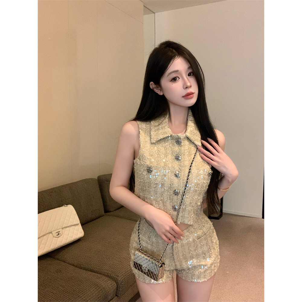 Liasynn เสื้อท็อปแขนกุด ประดับเลื่อมใส และกางเกงขาสั้น เข้ากับทุกการแต่งกาย แฟชั่นฤดูใบไม้ผลิ และฤดูใบไม้ร่วง สําหรับผู้หญิง