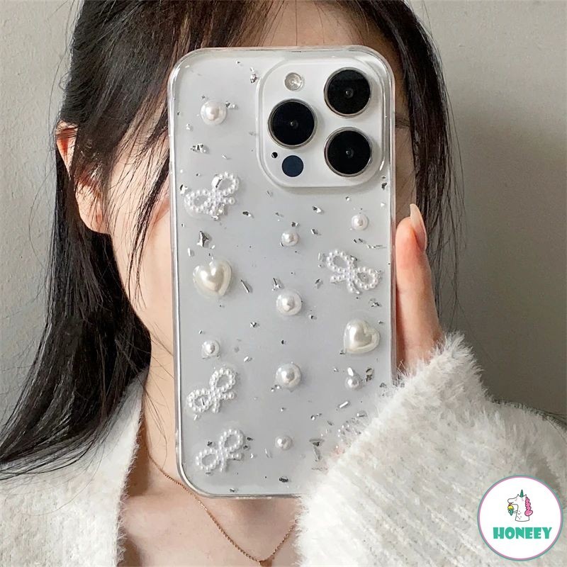 เคสโทรศัพท์มือถือ TPU ใส กันกระแทก ปิดด้านหลัง ประดับโบว์ ไข่มุก 3D สไตล์เกาหลี สําหรับ iPhone 15 Pro Max 14 13 12 11 Pro Max Xr Xs 7 8Plus