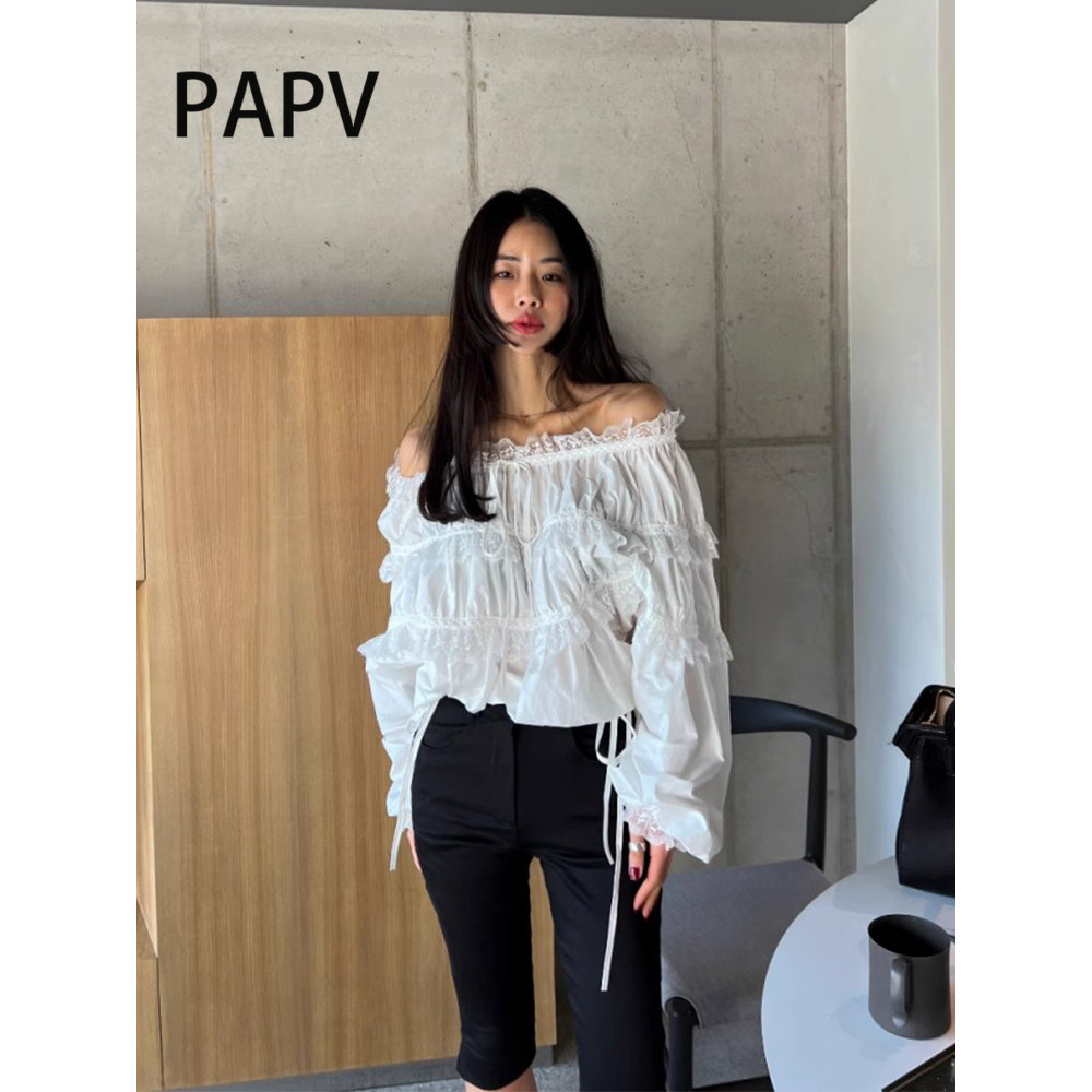 Papv Chi เสื้อท็อป เปิดไหล่ แต่งลูกไม้ สําหรับผู้หญิง 1639