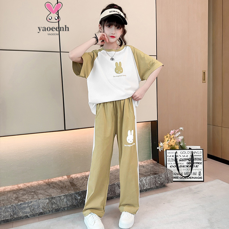【YAOEENH】พร้อมส่ง ชุดกีฬา เสื้อแขนสั้น กางเกงขายาว สองชิ้น ขนาดใหญ่ 110-170 ซม. แฟชั่นฤดูร้อน สําหรับเด็กผู้หญิง