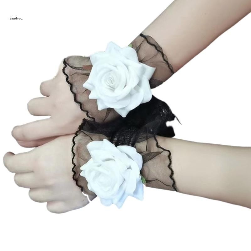 Y2k ปลอกแขนข้อมือ ผ้าลูกไม้ ลายดอกไม้ ดอกกุหลาบ ยืดหยุ่น