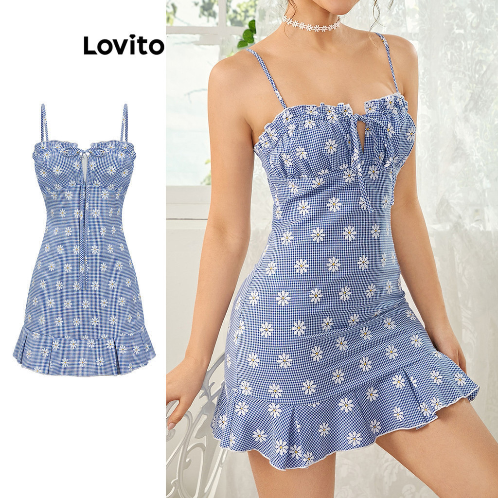 Lovito ชุดเดรสผู้หญิง แบบผูกเชือก ชายระบาย พิมพ์ลายดอกไม้ สไตล์น่ารัก L79AD075