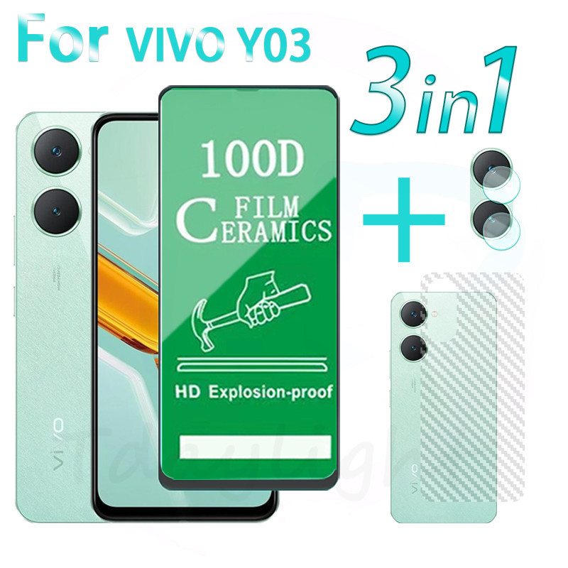 3 IN 1 VIVO Y03 ฟิล์มกระจกนิรภัยเซรามิค ความละเอียดสูง สําหรับ Y27 Y100 Y16 Y15S Y78 Y17S Y02S เลนส์กล้อง กระจกกันรอยหน้าจอ และฟิล์มด้านหลัง