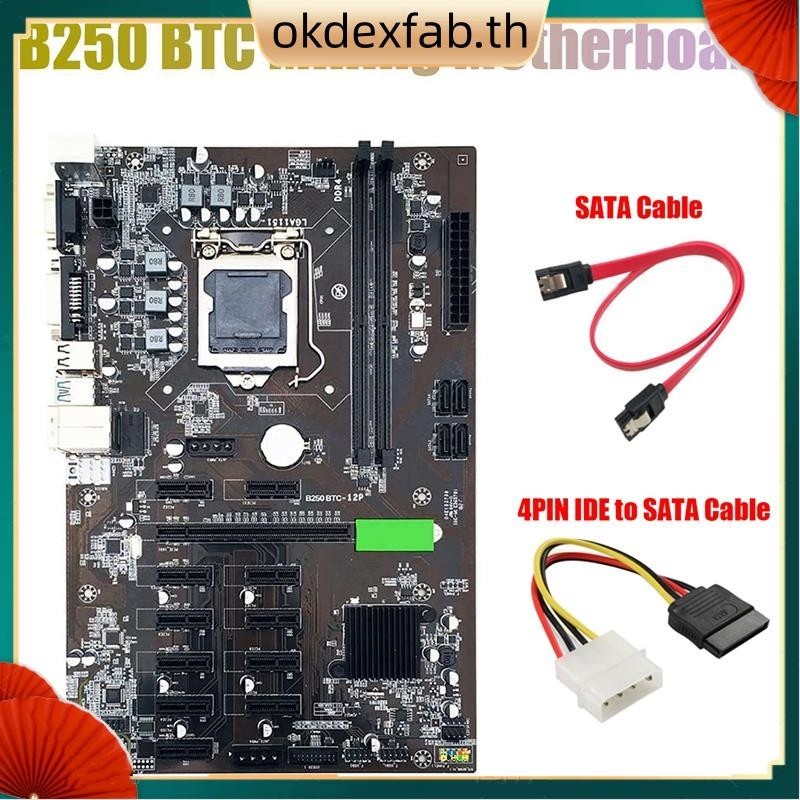 B250 BTC เมนบอร์ดขุดเหมือง พร้อมสายเคเบิล 4PIN IDE เป็น SATA และช่องเสียบการ์ดจอ 12X LGA 1151 DDR4 สําหรับ BTC Miner