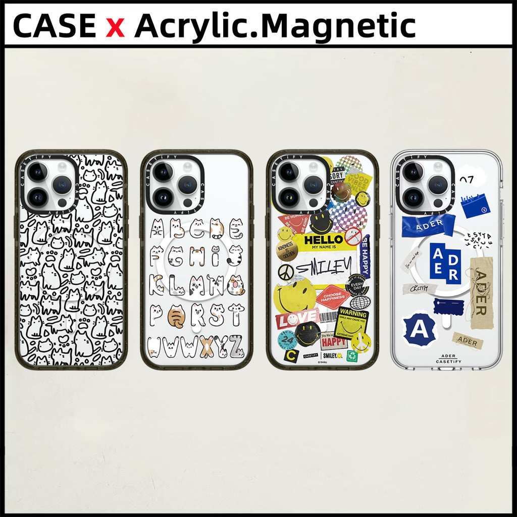 Casetify 【ตัวอักษรหลายตัว cat Hello smiling ADER】เคสอะคริลิคแม่เหล็ก สําหรับ iPhone 15 Pro Max 15 14 Plus 11 12 13 Pro Max