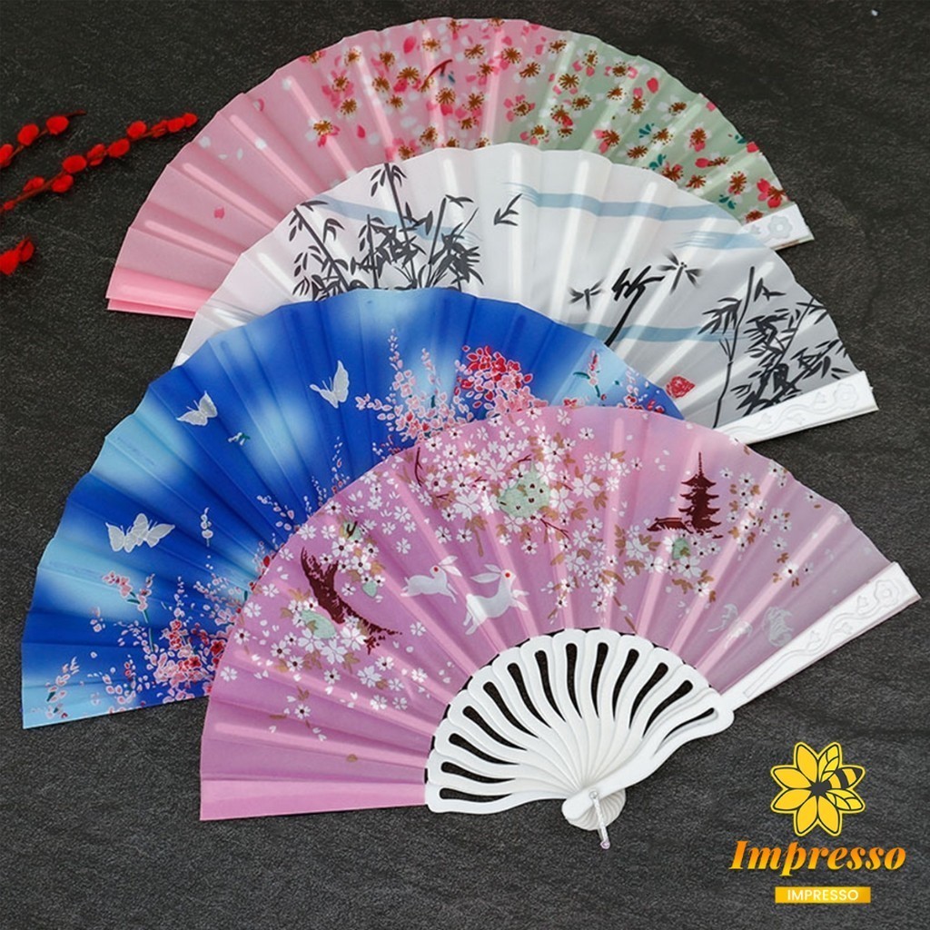 Impresso พัดแบบพับได้สไตล์จีนขนาด 23cm ลายดอกไม้ สไตล์เรโทร Hand Fans - รูปที่ 3
