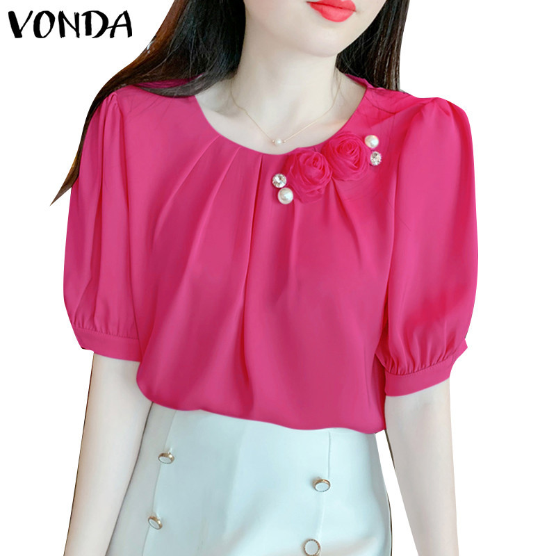 Vonda เสื้อเบลาส์ลําลอง คอกลม แขนทรงโคมไฟ จับจีบ สไตล์เกาหลี สําหรับผู้หญิง