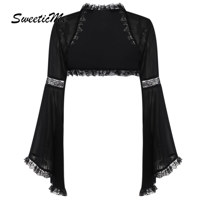 Sweeticme เสื้อคาร์ดิแกน แขนบาน แต่งลูกไม้ สีพื้น เข้ากับทุกการแต่งกาย แฟชั่นสําหรับผู้หญิง 2023