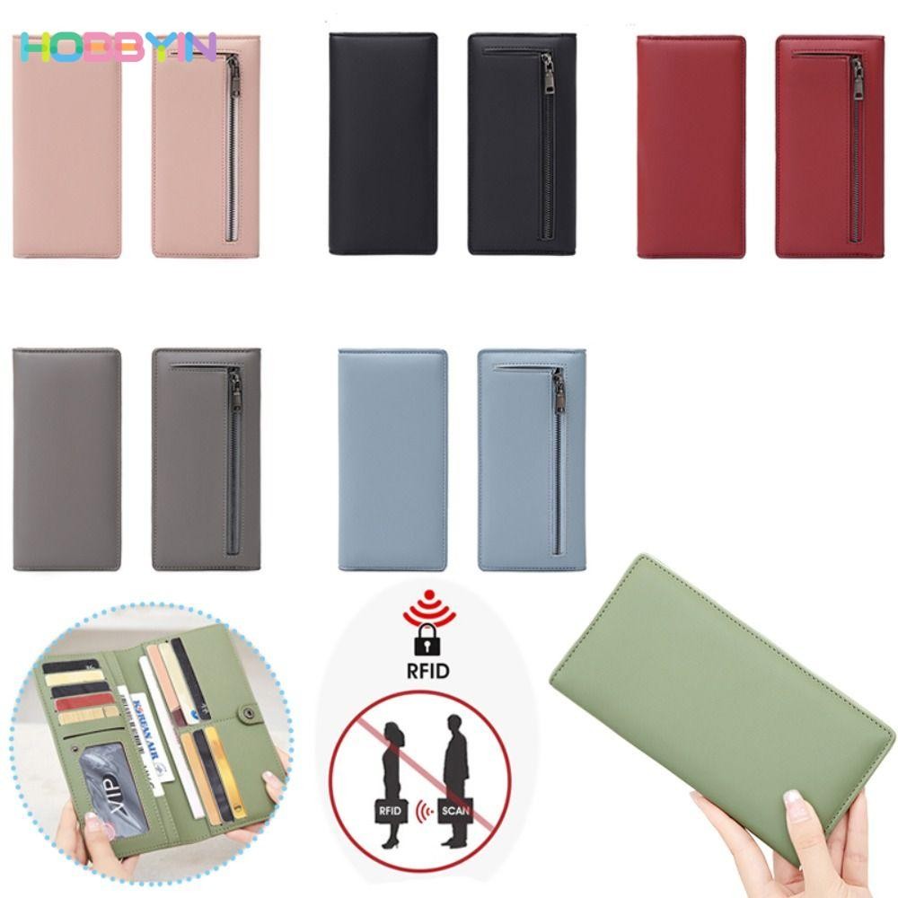HOBBYIN RFID กระเป๋าสตางค์ใบยาว หนัง PU ทรงคลัทช์ มีซิป กันขโมย สีพื้น แฟชั่นสําหรับสตรี