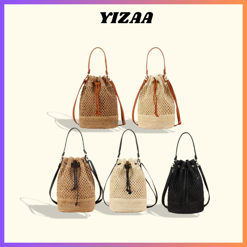 กระเป๋าสะพายข้างสไตล์เกาหลีความจุขนาดใหญ่ กระเป๋าถือทรงบักเก็ต กระเป๋าสานไปทะเล ไปทะเล P450