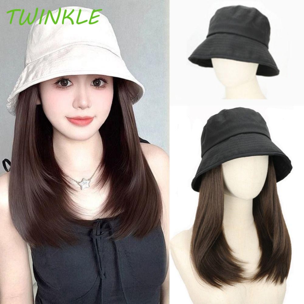 แฝด1หมวกชาวประมงวิกผม,หมวกถังสังเคราะห์ผมสั้นตรงหมวกวิกผม,ที่เรียบง่ายฮิปฮอปปุยแฮร์พีชฤดูร้อนหมวกบังแดดวิกผมเดินทาง