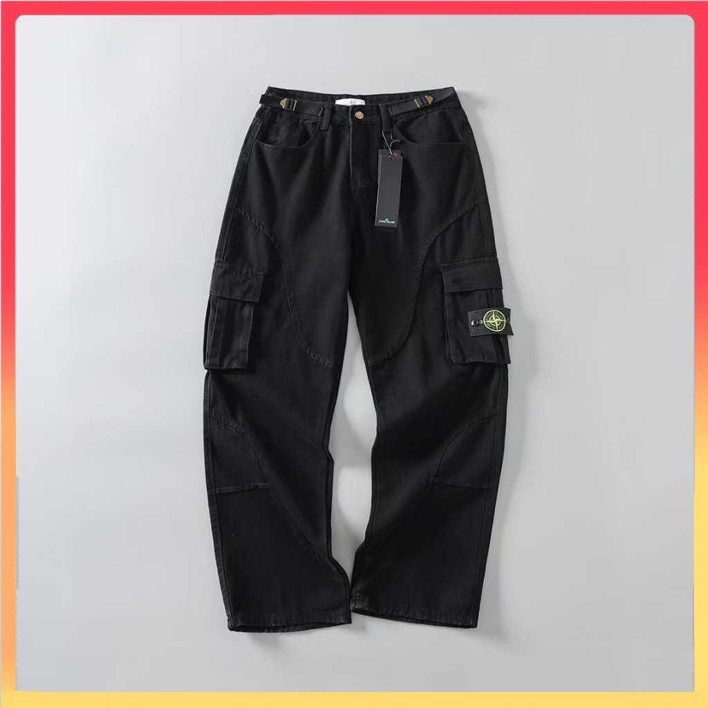 STONE ISLAND หินเกาะ25เอสเอส สูง ถนน คาร์บอนล้างขาตรงกระเป๋าขนาดใหญ่กางเกงทํางานเข็มขัดปรับกางเกง