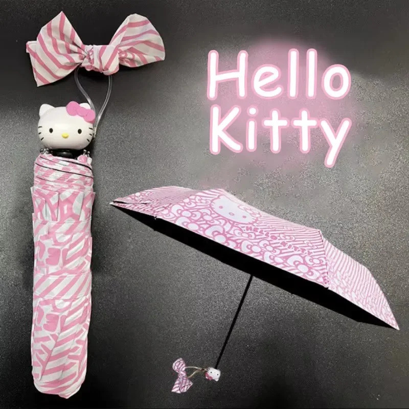 Kawaii Y2K Sanrio Hello Kitty ร่มน่ารักอะนิเมะสาวแบบพกพาพับร่ม Anti UV ร่มบังแดดร่มวันหยุดของขวัญ