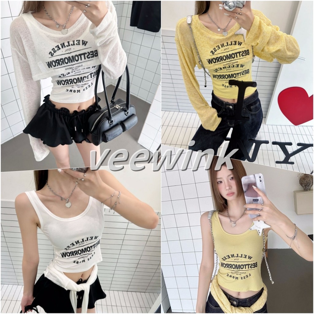 Veewink พร้อมส่งจากกทม เสื้อกั๊กพิมพ์ลายตัวอักษร สไตล์สาวฮอตอเมริกัน ตัวอักษรวินเทจที่สวยงามพิมพ์
