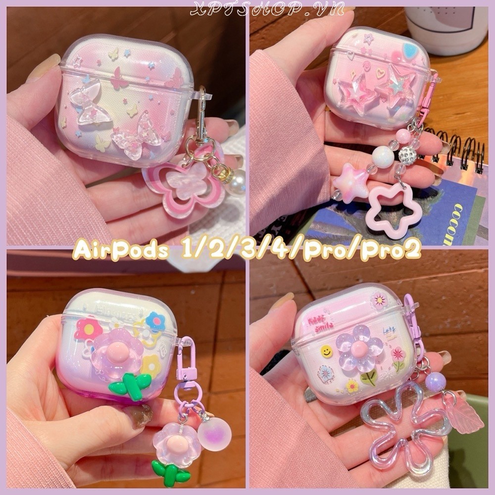 Gradient ดอกไม้ผีเสื้อ + พวงกุญแจ AirPods สําหรับ AirPods 4 AirPods Pro AirPods Pro2 AirPods 3/2/1 รุ่นหูฟังไร้สายบลูทูธปลอกนุ่ม