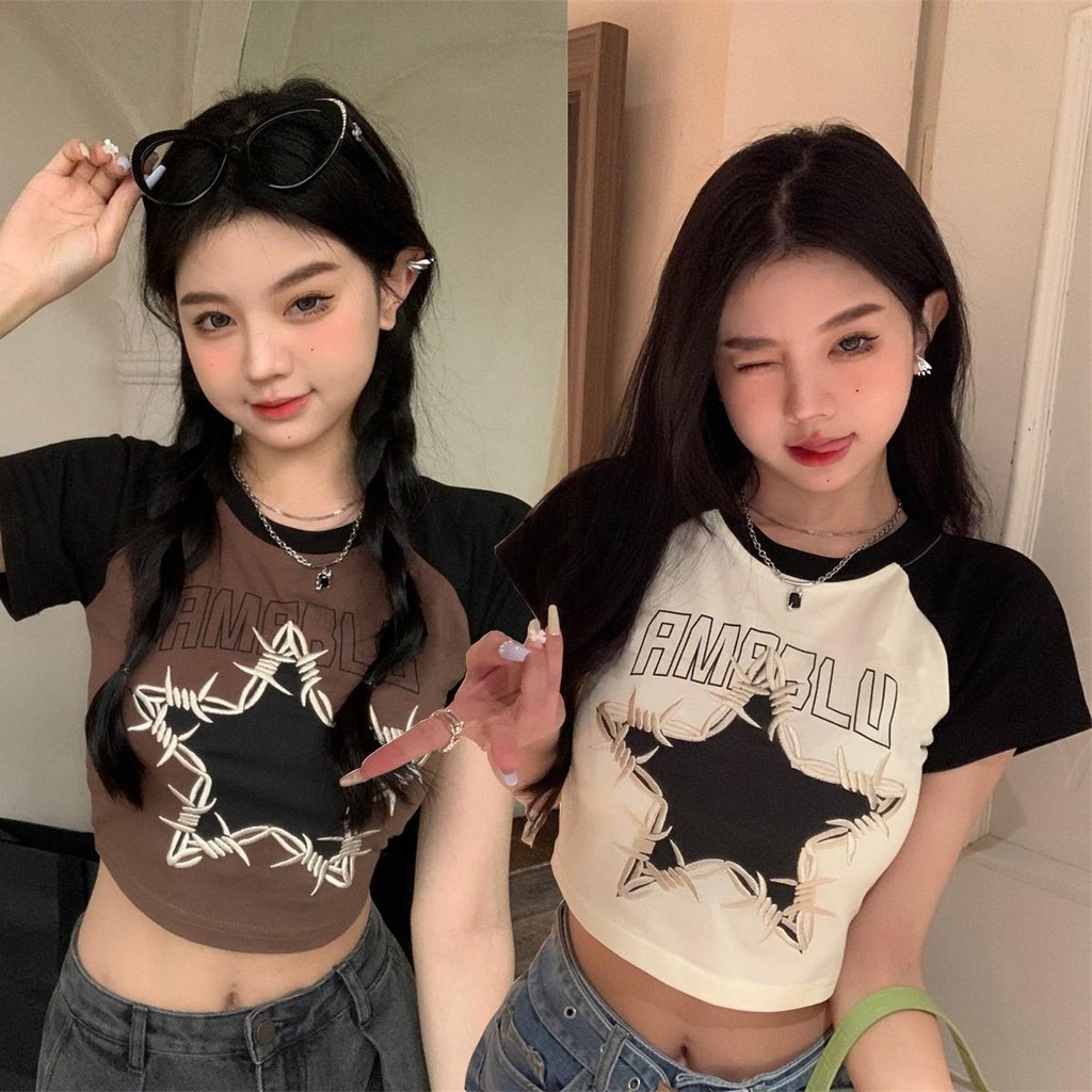 Lune_Grace ใหม่ y2k เสื้อครอป ลายดาวSTAR แขนสั้นครอปลุค แฟชั่นผญ ส่งจากไทย 2599#