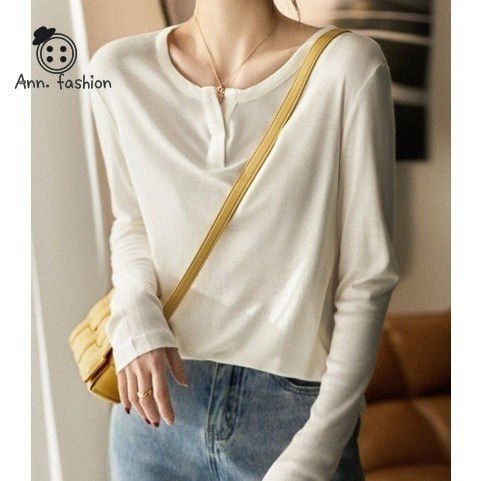 Ann.Fashion เสื้อแขนยาวสไตล์ญี่ปุ่น เสื้อแขนยาวไม่มีลาย แนวมินิมอล คุณภาพดี ผ้าคอตตอนผสม ผ้าเย็นทิ้งตัว #392