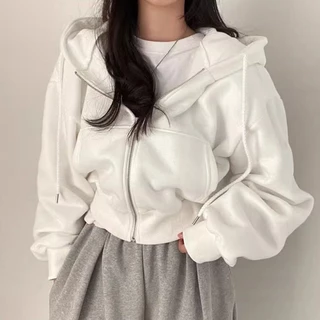 เสื้อแจ็กเก็ตครอป ทรงหลวม แขนยาว มีฮู้ด สีพื้นเรียบๆ