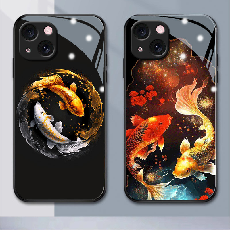 Golden koiZZDIY เคสกระจก ซิลิโคนนิ่ม กันกระแทก สําหรับ iphone15 14 11 13 12 XS max mini 5 6 6s plus 8 pro max (HB1-1120)