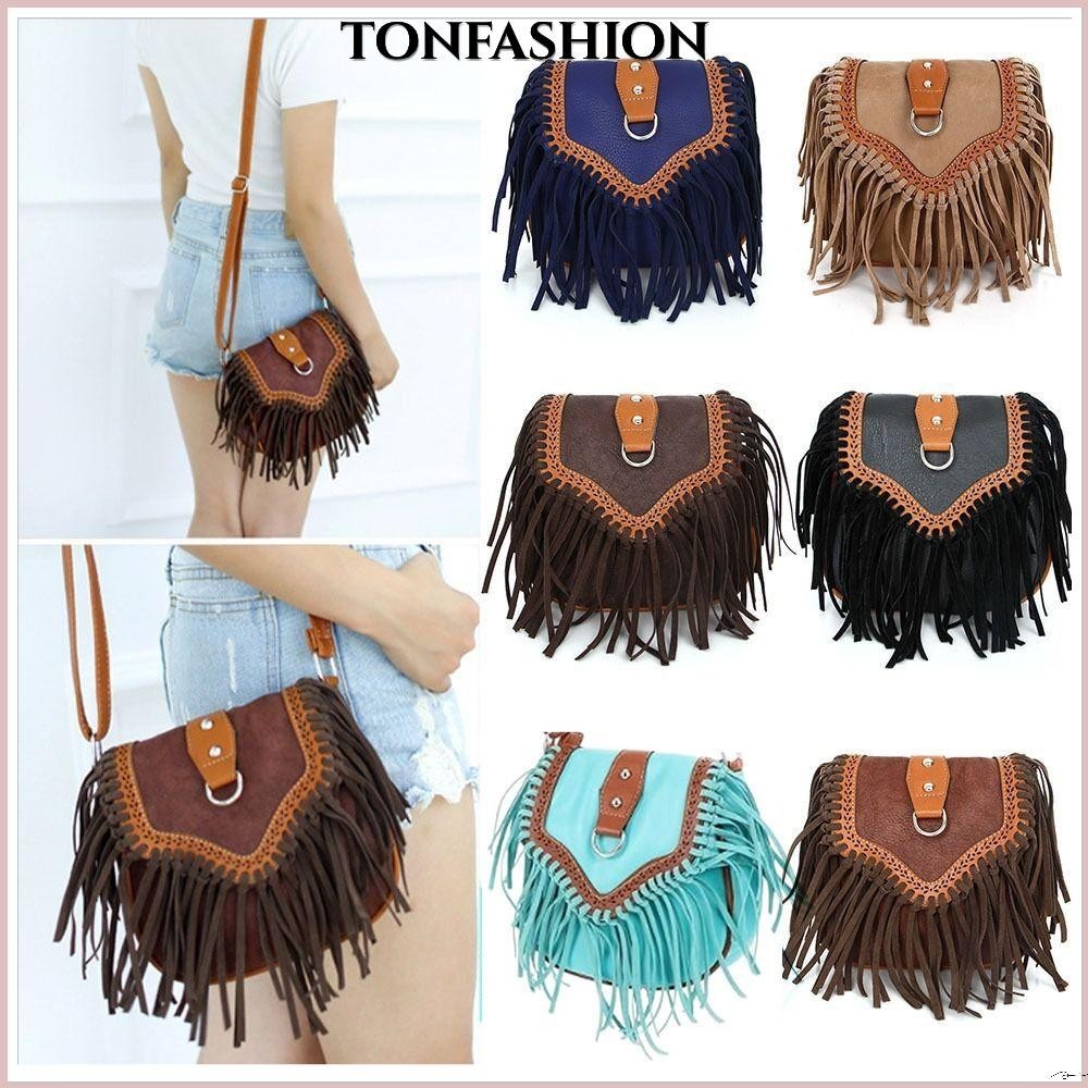 Tonfashion กระเป๋าสะพายไหล่ สะพายข้าง หนัง PU แต่งพู่ สไตล์เรโทร สําหรับผู้หญิง