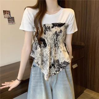 Xiao เสื้อยืดแขนสั้น ผ้าชีฟอง เปิดไหล่ สองชิ้น พลัสไซซ์ สไตล์ฝรั่งเศส สําหรับผู้หญิง BD57