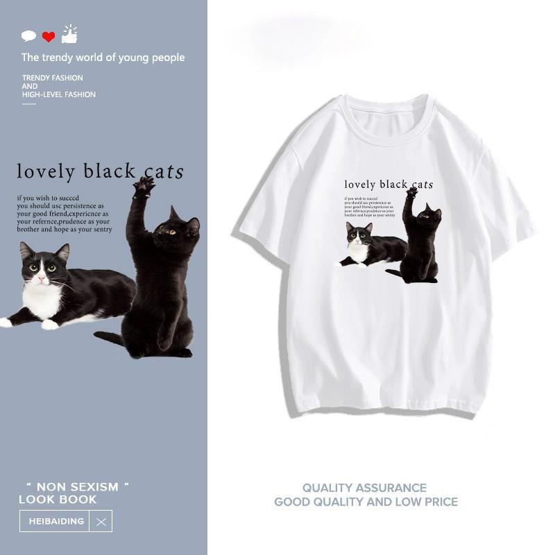 COD (จัดส่งในกรุงเทพฯ) MAO Shop Printed T-shirt，วินเทจการ์ตูนลูกแมวพิมพ์หลวมพอดีแขนสั้นเสื้อยืด
