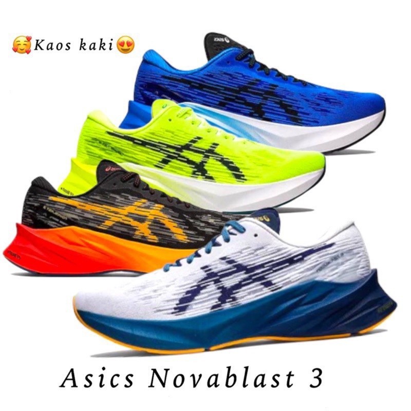 Asics novablast 3 รองเท้าผ้าใบวิ่ง สีดํา ฟ้า ส้ม เขียว