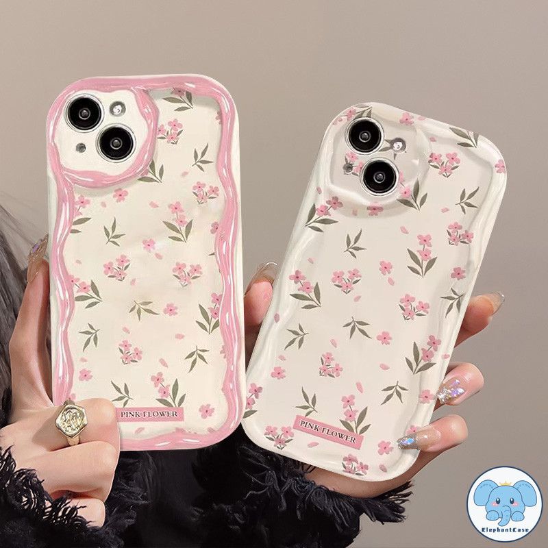 แฟชั่นกราฟฟิตีดอกไม้สีชมพูสด 3D หยักโค้งขอบปกอ่อน iPhone 11 13 15 XR 7 8 Plus 15 11 14 13 12 Pro Max X XS Max