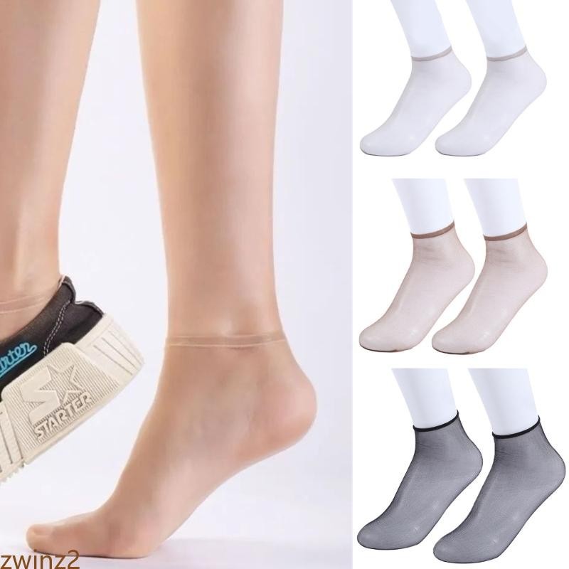 Zwinz2 ถุงเท้าผ้าไหมคริสตัล แบบบางพิเศษ สีพื้น แฟชั่นฤดูร้อน สําหรับผู้หญิง