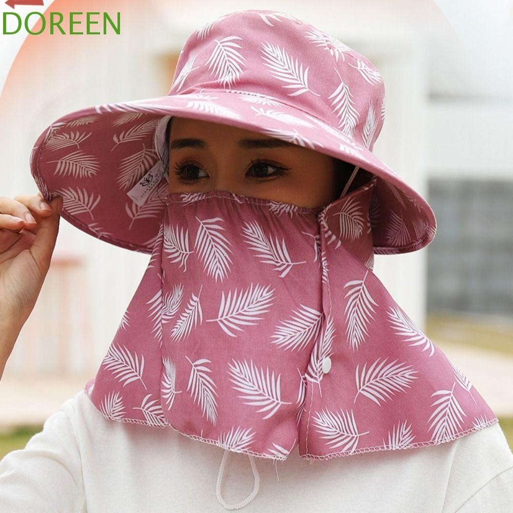 Doreen หมวกคลุมหน้า, หน้ากากกันแดด สําหรับผู้หญิง, หมวกตกปลา หรูหรา หมวกทํางานฟาร์ม พิมพ์ลายใบไม้ กันแดด หมวกบักเก็ต ป้องกันแสงแดด