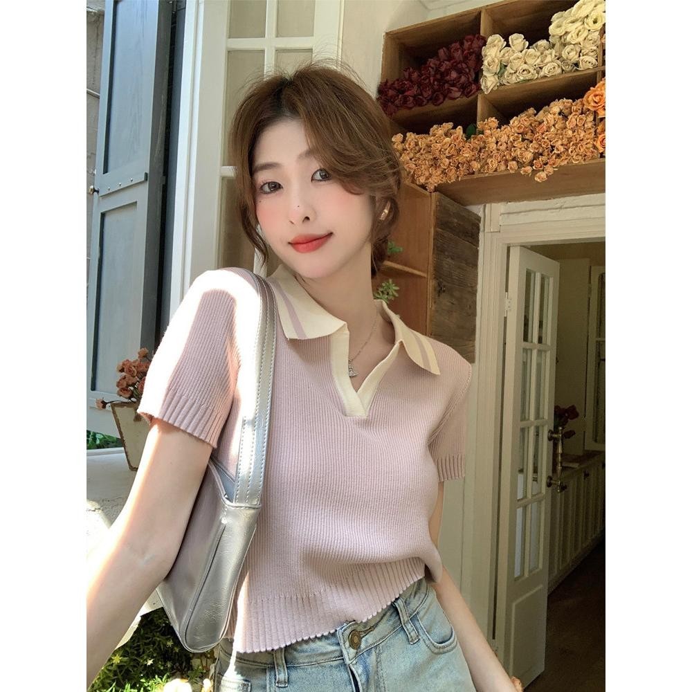 Kii Wii ฤดูร ้ อนเกาหลีหวาน Contrast Polo คออเนกประสงค ์ แขนสั ้ นถักเสื ้ อยืดผู ้ หญิง 240603