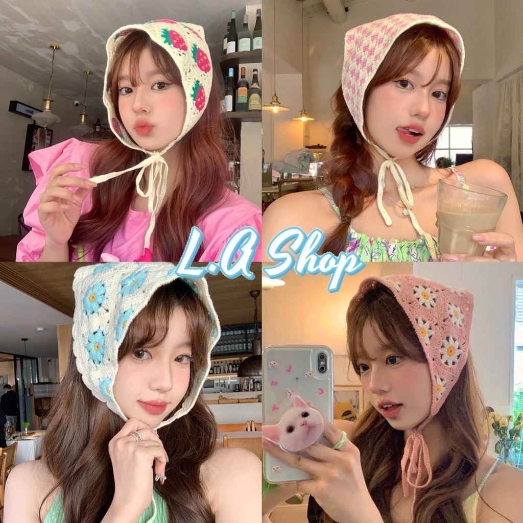 L.A Shop พร้อมส่ง ผ้าโพกผมถักไหมพรม ทรงสามเหลี่ยม ลายน่ารัก "TJ-111"
