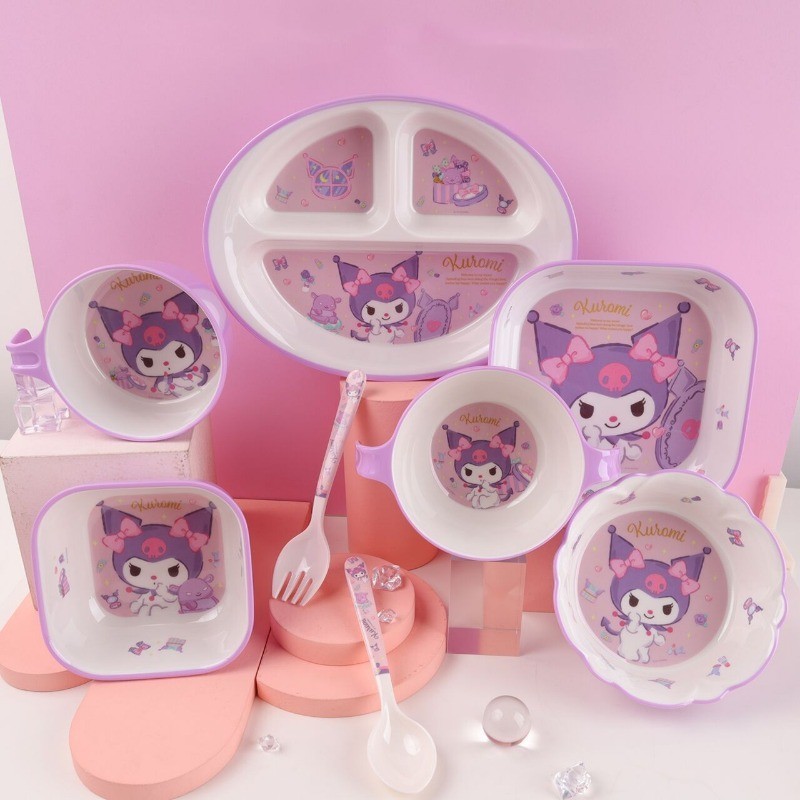 Sanrio Kuromi จานชาม ถ้วย ช้อน อาหารเสริม ลายการ์ตูนคุโรมิ เกรดอาหาร สําหรับเด็ก สินค้าใหม่