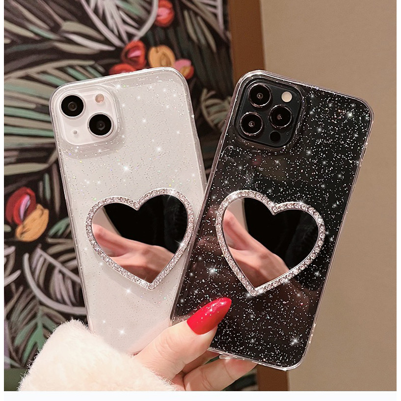 เคสโทรศัพท์มือถือ ซิลิโคนนิ่ม ใส กันกระแทก พร้อมกระจก สีดํา สําหรับ Iphone 15 14 13 11 12 Pro Max 7 8 Plus X Xs Xr Xsmax