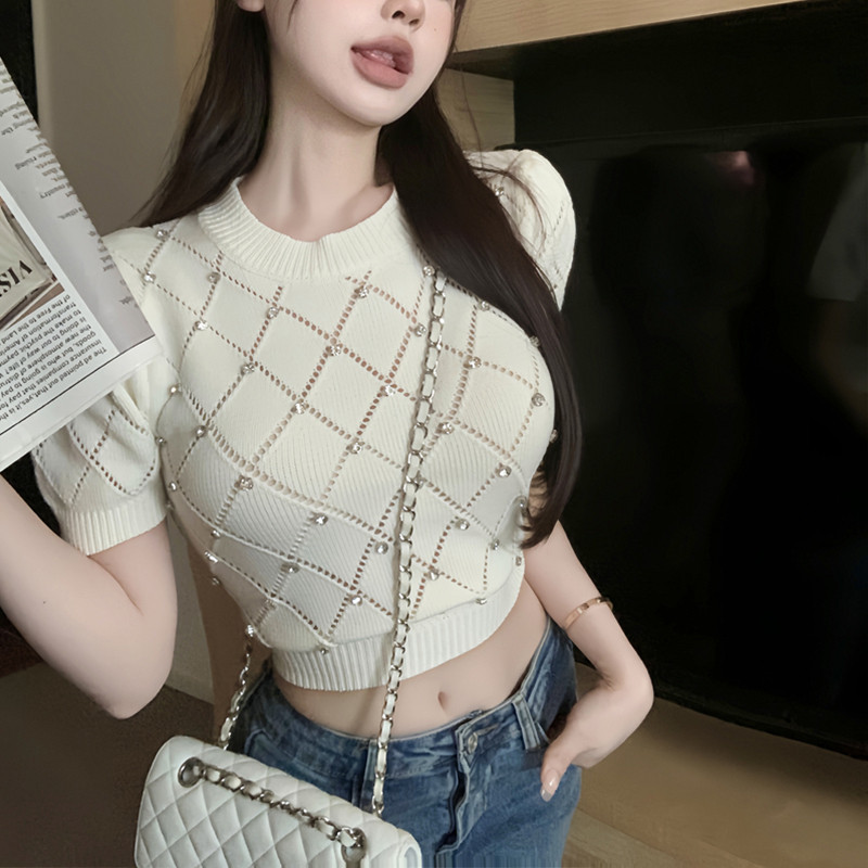 เสื้อสเวตเตอร์ถัก แขนสั้น สไตล์หวานแหวว แขนพอง สําหรับเสื้อกันหนาว กระชับสัดส่วน อเนกประสงค์