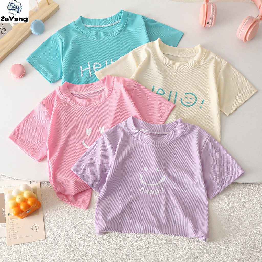 [ZY] พร้อมส่ง เสื้อยืดแขนสั้นลําลอง คอกลม ผ้าเรยอน ยืดหยุ่น สีแคนดี้ เข้ากับทุกการแต่งกาย สไตล์เกาหลี สําหรับเด็ก 70-150 ซม.