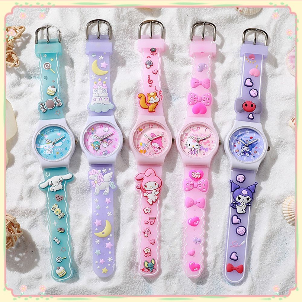 Sanrio นาฬิกาข้อมือเด็ก 3D รูปแบบน่ารัก Cinnamoroll Kuromi Melody นาฬิกาควอทซ์กันน้ำของเล่นเด็กของขวัญวันเกิด 【Sunny】