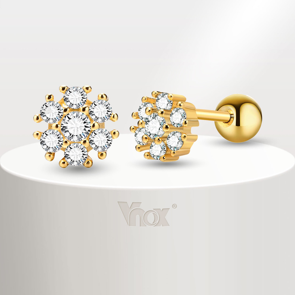 Vnox ต่างหูสตั๊ด ทอง 18K ประดับเพทาย รูปดอกไม้น่ารัก เครื่องประดับแฟชั่น สําหรับผู้หญิง