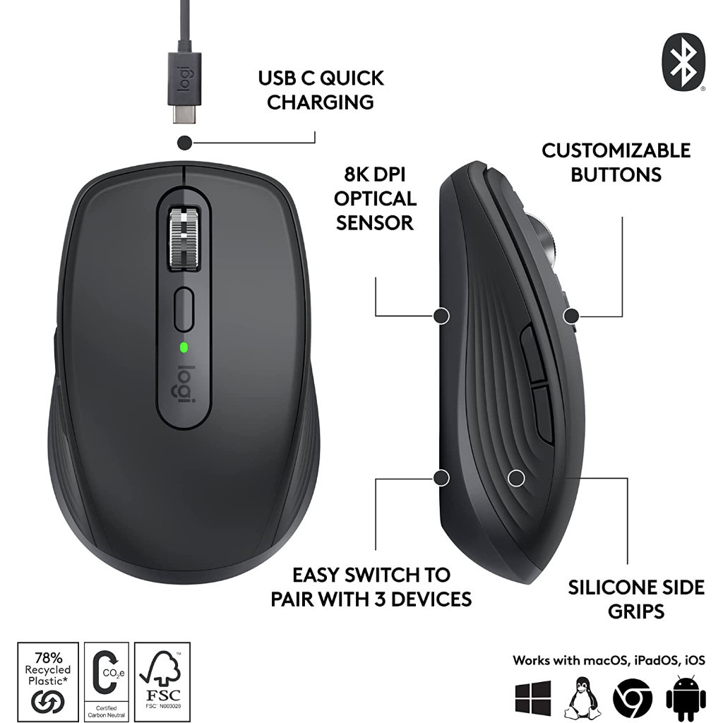 เม้าส์ไร้เสียง Logitech MX Anywhere 3S Compact Wireless Mouse เมาส์ไร้สายขนาดกะทัดรัด, ลากเมาส์ได้บนทุกพื้นผิว