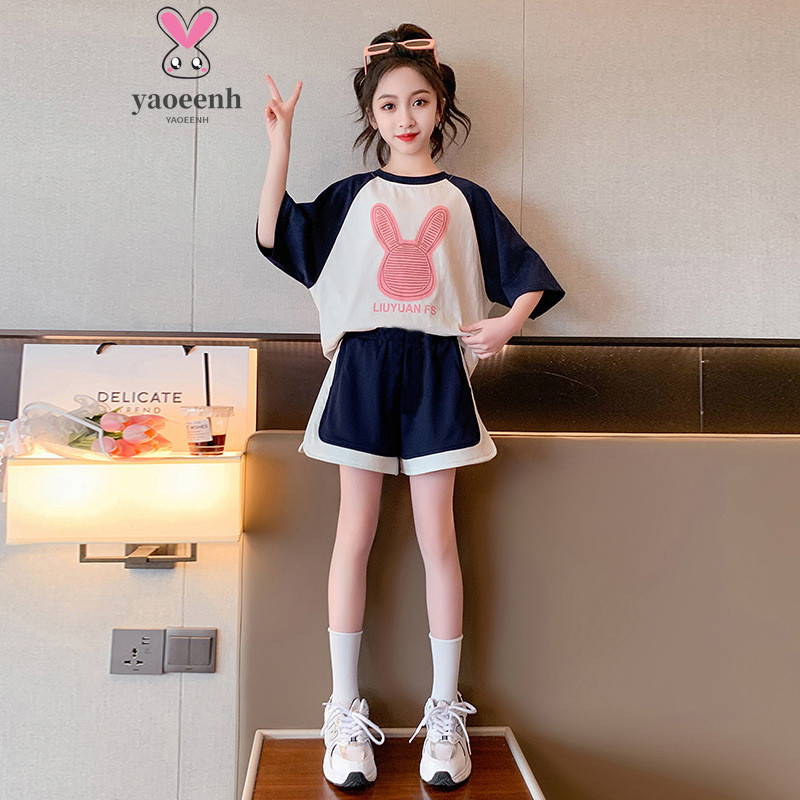 【YAOEENH】พร้อมส่ง ชุดกีฬา เสื้อแขนสั้น กางเกงขาสั้น ผ้าฝ้ายแท้ พิมพ์ลายการ์ตูน แฟชั่นฤดูร้อน สําหรับเด็กผู้หญิง ขนาดกลาง ใหญ่ 120-170 ซม.