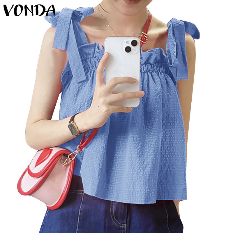 Vonda เสื้อเบลาส์ลําลอง แขนกุด คอสี่เหลี่ยม ผูกเชือก แฟชั่นเกาหลี สําหรับผู้หญิง