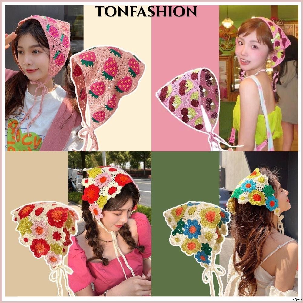 Tonfashion ที่คาดผมสามเหลี่ยม ผ้าถักโครเชต์ ลายดอกไม้เล็กๆ น้อยๆ หมวก ผ้าพันคอ หมวก แฟชั่น แฮนด์เมด สไตล์ฝรั่งเศส พระ ที่คาดผม ผ้าขนหนู เด็กผู้หญิง