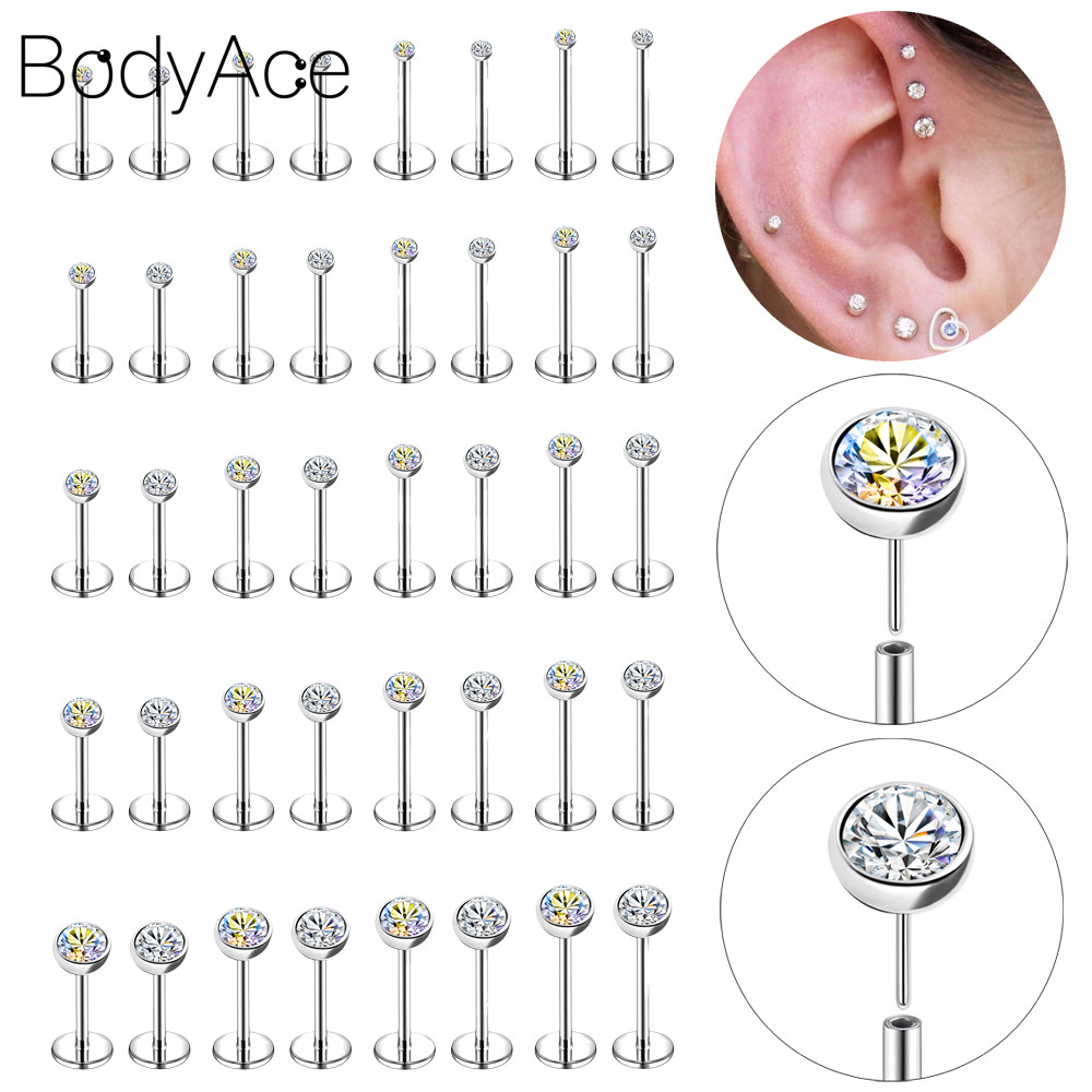 Bodyace ต่างหูกระดูกอ่อน 1 Pc 18G/20G หูเจาะสแตนเลสสตีล Lip Stud Cubic Zircon Lip เจาะ Heilx ต่างหู Plug-in สไตล์